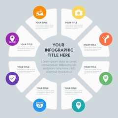 Circle chart location, security, video, photos infographic template with 8 options for presentations, advertising, annual reports