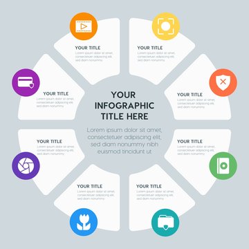 Circle chart location, security, video, photos infographic template with 8 options for presentations, advertising, annual reports