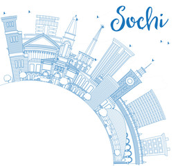 Outline Sochi Russia City Skyline with Blue Buildings and Copy Space.