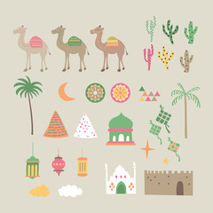 Middle east, eid mubarak, ramadhan graphic set. A playful, modern, and flexible print for brand who has cute and fun style. Happy, bright, and magical mood.