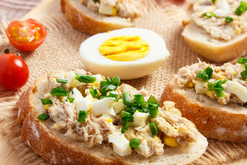 Fototapeta na wymiar Crispy baguette or sandwiches with mackerel or tuna fish paste