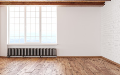 Empty room loft interior with big window white walls, bricks,