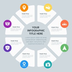 Circle chart location, security, video, photos infographic template with 8 options for presentations, advertising, annual reports