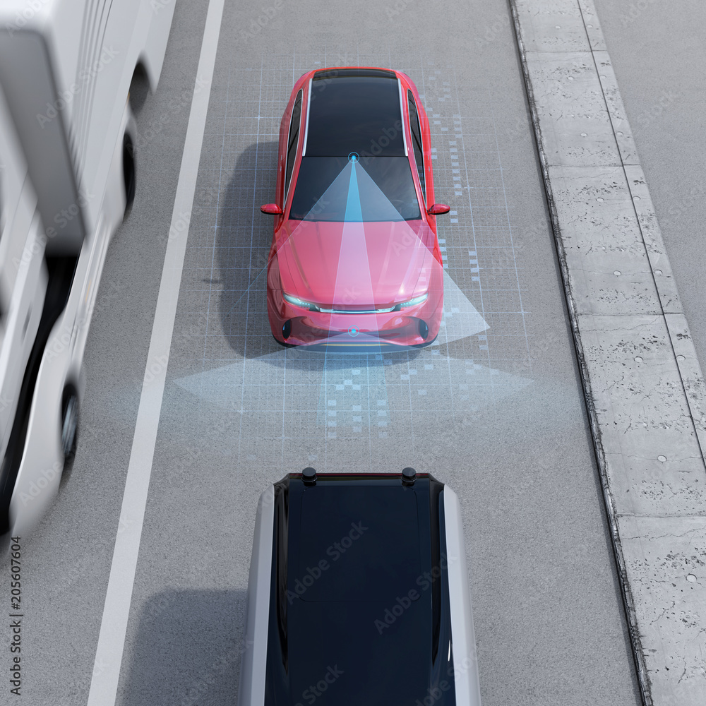 Poster front view of red suv emergency braking to avoid car crash. automatic emergency braking (emergency b