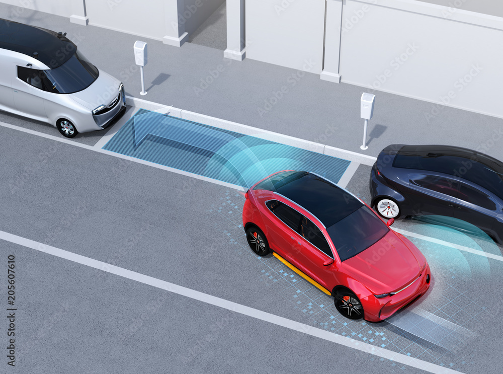 Poster autonomous suv is parallel parking into parking lot at roadside. left-hand traffic scene. intelligen