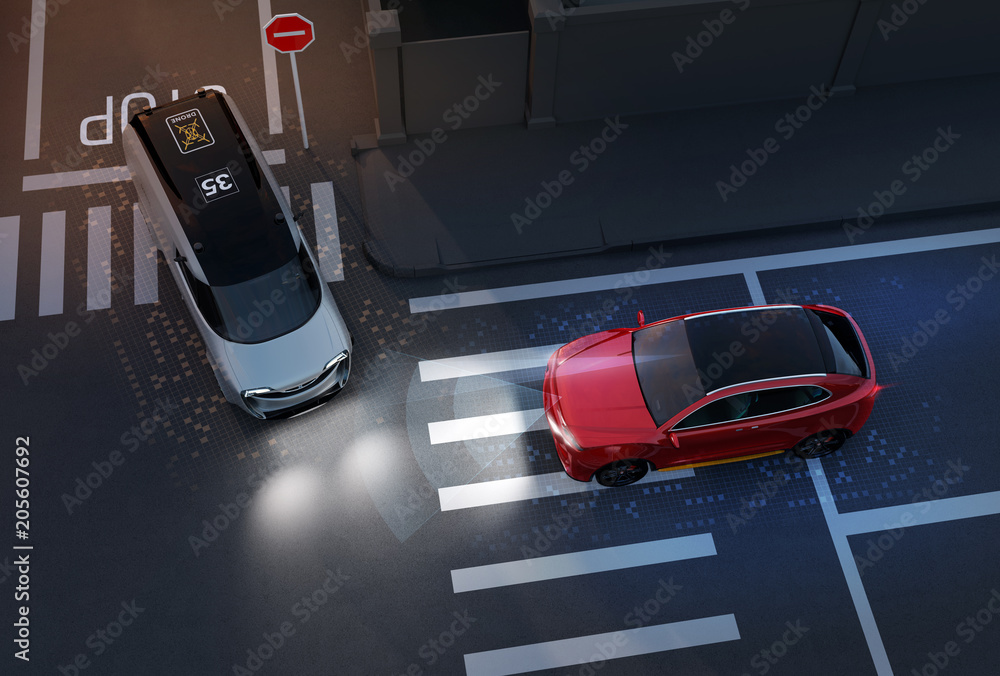 Poster red suv avoid an accident from a minivan at crossroad. advance driver-assistant system concept. 3d r