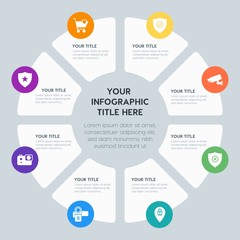 Circle chart location, security, video, photos infographic template with 8 options for presentations, advertising, annual reports