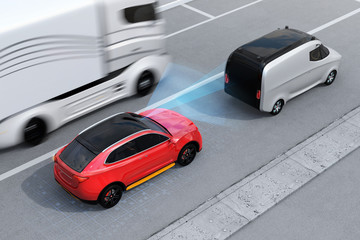 Red SUV emergency braking to avoid car crash. Automatic Emergency Braking (Emergency brake system) concept. Left-hand traffic scene. 3D rendering image.