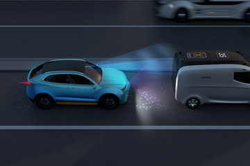 Fototapeta na wymiar Side view of blue SUV emergency braking to avoid car crash. Automatic Emergency Braking (Emergency brake system) concept. Night scene. 3D rendering image.