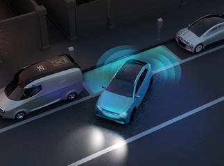 Autonomous SUV is parallel parking into parking lot at roadside. Night scene. Intelligent Parking Assist System concept. 3D rendering image.