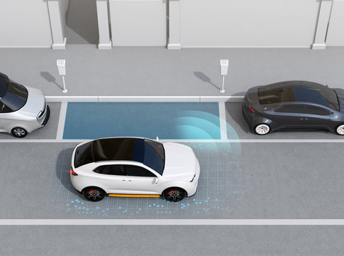 Autonomous SUV is parallel parking into parking lot at roadside. Left-hand traffic scene. Intelligent Parking Assist System concept. 3D rendering image.