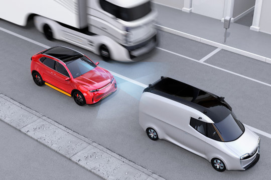 Red SUV emergency braking to avoid car crash. Automatic Emergency Braking (Emergency brake system) concept. Left-hand traffic scene. 3D rendering image.