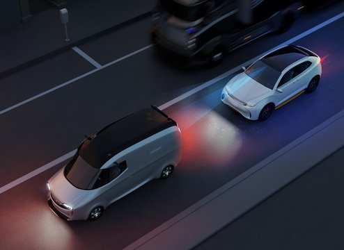 White SUV emergency braking to avoid car crash. Automatic Emergency Braking (Emergency brake system) concept. Night scene. 3D rendering image.