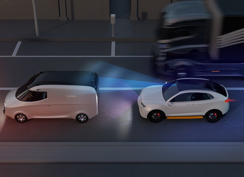 Side view of white SUV emergency braking to avoid car crash. Automatic Emergency Braking (Emergency brake system) concept. Night scene. 3D rendering image.
