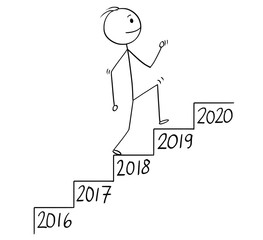 Cartoon stick man drawing conceptual illustration of businessman walking up the stairs or staircase or stairway with year number on each step. Business concept of growth in time.