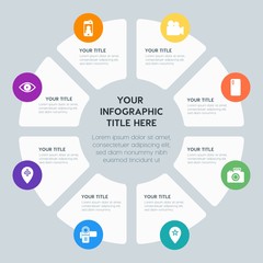 Circle chart location, security, video, photos infographic template with 8 options for presentations, advertising, annual reports