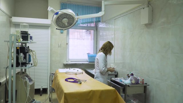 Anesthesiologist, operating room with medical equipment in a veterinary clinic. Table for surgical operations in the hospital.