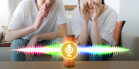 Smart speaker concept. AI speaker. Voice recognition. 