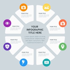 Circle chart location, security, video, photos infographic template with 8 options for presentations, advertising, annual reports