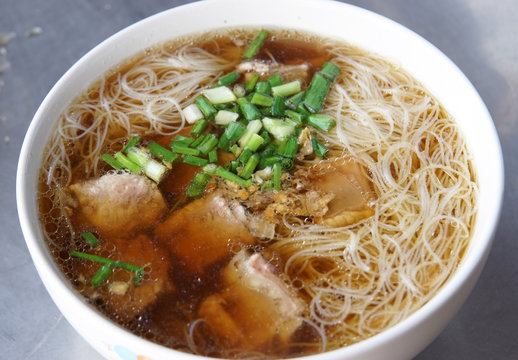 Rice noodle and pork soup in the bowl