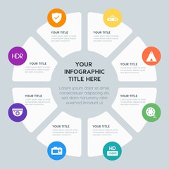 Circle chart location, security, video, photos infographic template with 8 options for presentations, advertising, annual reports