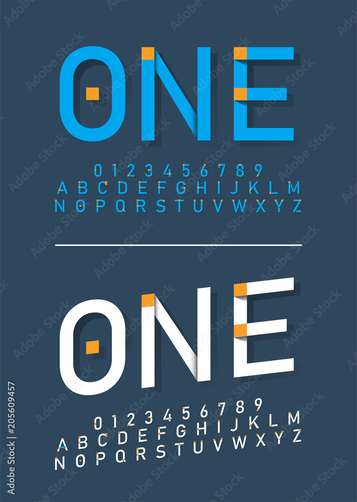 Aufkleber modern alphabet fonts and numbers. typography font with shadow. vector illustrator
