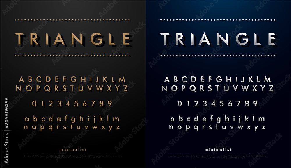 Aufkleber alphabet font from triangle concept. technology alphabet golden and silver metallic and effect