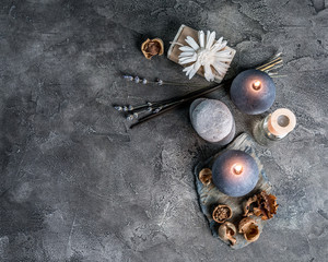 Spa compostion on grey background, view from above.