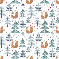 Decorative seamless pattern in folk style with squirrel. Colorful vector background.