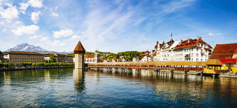 Chapel bridge famous place on lake Luzern with blue sky in Luzern, Switzerland, Europe.