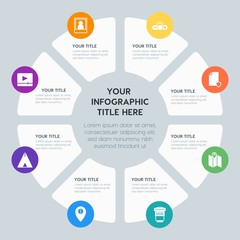 Circle chart location, security, video, photos infographic template with 8 options for presentations, advertising, annual reports