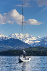 Sailing boats at lake Thun ( Thunersee ) infornt of Alps mountain in the evening