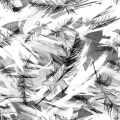 Seamless watercolor background with beautiful black and white feathers drawings. Vintage illustration with an abstract Gray paint glue. For textiles, material, wallpapers and other design.