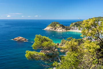 Fototapeta premium Spanish mediterranean coast at the Costa Brava with village Tossa de Mar and his medieval