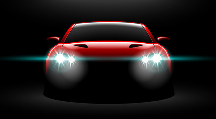 realistic red sport car view with unlocked headlights in the dark