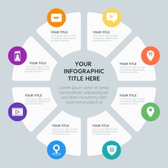 Fototapeta premium Circle chart location, security, video, photos infographic template with 8 options for presentations, advertising, annual reports
