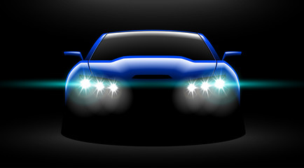 Plakat realistic blue sport car view with unlocked headlights in the dark