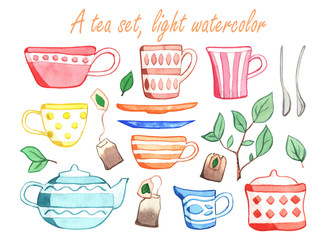 Set of tea cups, watercolor illustration.