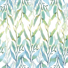 Watercolor pattern with seaweed. On a white background.
