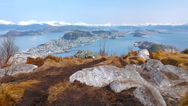 Beautiful scenery of west Norway coastline from the Sukkertoppen hill (Sugar Loaf Top)