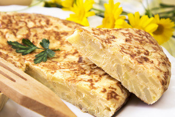Piece of spanish omelette with potatoes and eggs