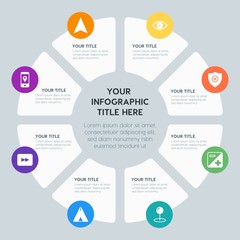 Circle chart location, security, video, photos infographic template with 8 options for presentations, advertising, annual reports