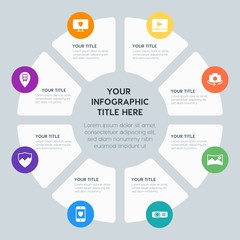 Circle chart location, security, video, photos infographic template with 8 options for presentations, advertising, annual reports