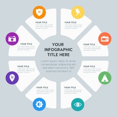 Obraz premium Circle chart location, security, video, photos infographic template with 8 options for presentations, advertising, annual reports