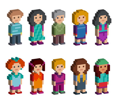 Set of funny pixel art style isometric characters. Men and women are standing on white background. Vector illustration.