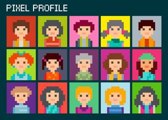 Square pixel avatars set. Pixel male and female faces avatars. Male and female character in squares