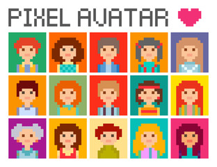 Set of color square avatars in 8 bit  pixel style. Male and female character.