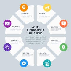 Circle chart location, security, video, photos infographic template with 8 options for presentations, advertising, annual reports