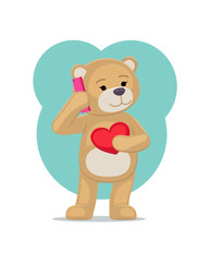 Obraz na płótnie Canvas Plush Bear Toy Speaking on Telephone with his Heart