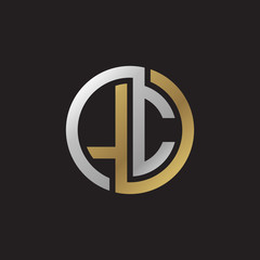 Initial letter LC, looping line, circle shape logo, silver gold color on black background
